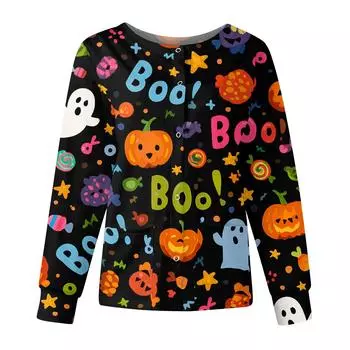 Женская повседневная модная куртка с длинными рукавами, воротником-стойкой, однобортная, с принтом на Хэллоуин, рабочая куртка, топы XXXL