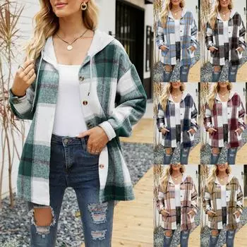 Женская повседневная модная куртка с капюшоном, клетчатая шерстяная рубашка с цветными блоками, куртка