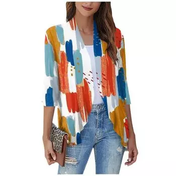 Женская повседневная модная куртка с рукавом три четверти с цветочным принтом, мягкая драпированная куртка с рюшами L оранжевый