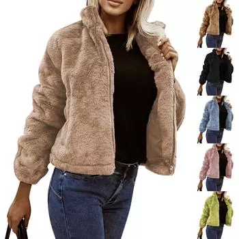 Женская повседневная модная куртка-стойка на молнии из плюша однотонного цвета L чёрный