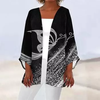 Женская повседневная модная легкая куртка средней длины с принтом в стиле ретро, кардиган L чёрный