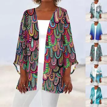 Женская повседневная модная легкая куртка средней длины с принтом в стиле ретро, кардиган L синий