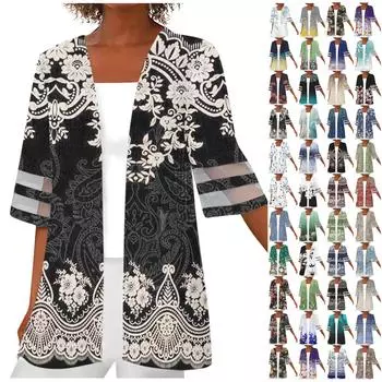 Женская повседневная модная легкая куртка средней длины с принтом в стиле ретро и половиной рукава, кардиган S чёрный