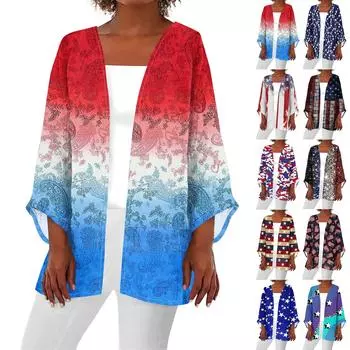 Женская повседневная модная легкая куртка средней длины с принтом ко Дню независимости, кардиган L синий