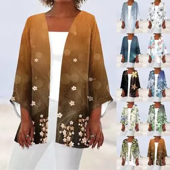 Женская повседневная модная легкая куртка средней длины с принтом в стиле ретро, кардиган L бежевый