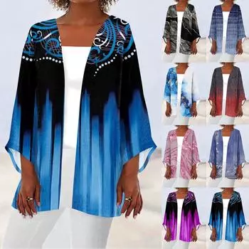 Женская повседневная модная легкая куртка средней длины с принтом в стиле ретро, кардиган L чёрный