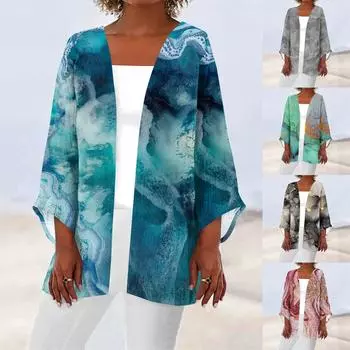 Женская повседневная модная легкая куртка средней длины с принтом в стиле ретро, кардиган L синий