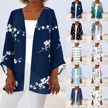 Женская повседневная модная легкая куртка средней длины с принтом в стиле ретро, кардиган L чёрный