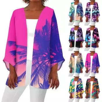 Женская повседневная модная легкая куртка средней длины с гавайским цветочным принтом, кардиган M синий