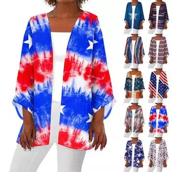 Женская повседневная модная легкая куртка средней длины с принтом ко Дню независимости, кардиган L синий