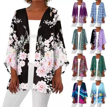 Женская повседневная модная легкая куртка средней длины с принтом в стиле ретро, кардиган L синий