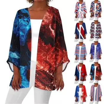 Женская повседневная модная легкая куртка средней длины с принтом ко Дню независимости, кардиган XL синий