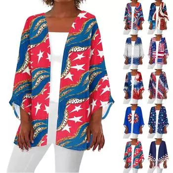 Женская повседневная модная легкая куртка средней длины с принтом ко Дню независимости, кардиган L синий