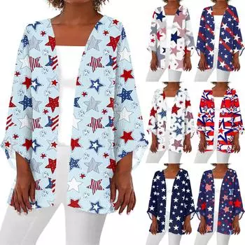 Женская повседневная модная легкая куртка средней длины с принтом ко Дню независимости, кардиган M белый