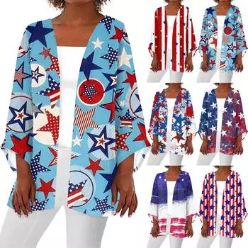 Женская повседневная модная легкая куртка средней длины с принтом ко Дню независимости, кардиган M синий