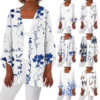 Женская повседневная модная легкая куртка средней длины с принтом в стиле ретро, кардиган L синий