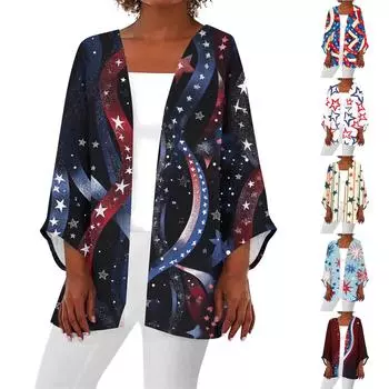 Женская повседневная модная легкая куртка средней длины с принтом, кардиган L тёмно-синий