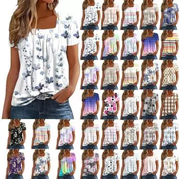 Женская повседневная модная летняя футболка для отдыха в стиле ретро с принтом и коротким рукавом с квадратным вырезом, топ L циан