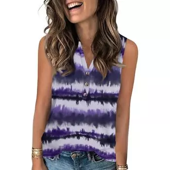 Женская повседневная модная летняя майка с принтом и V-образным вырезом, без рукавов, на пуговицах XXL фиолетовый