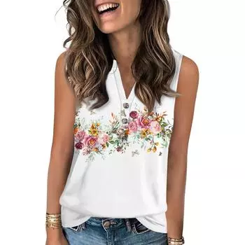 Женская повседневная модная летняя майка с винтажным цветочным принтом и V-образным вырезом без рукавов на пуговицах L белый