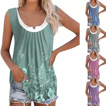 Женская повседневная модная майка без рукавов с рюшами и круглым вырезом с цветочным принтом, пляжные модные топы L синий