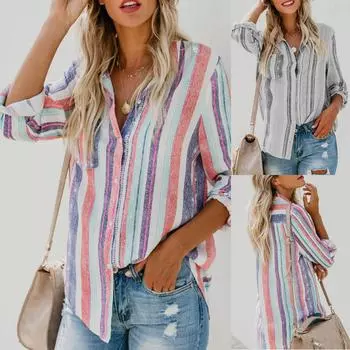 Женская повседневная модная многоцветная вертикальная полоска с принтом, однобортная свободная рубашка с лацканами и карманами с длинными рукавами S розовый