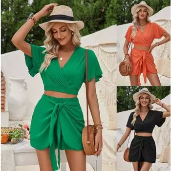 Женская повседневная модная одежда, летняя футболка с коротким рукавом и v-образным вырезом и шорты, комплект из двух предметов S чёрный