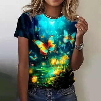 Женская повседневная модная одежда с 3D-принтом бабочки, оверсайз, с коротким рукавом, Y2K, топы для девушек S
