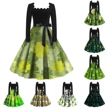 Женская повседневная модная одежда с квадратным вырезом и длинным рукавом St. Винтажные платья с принтом ко Дню Святого Патрика L