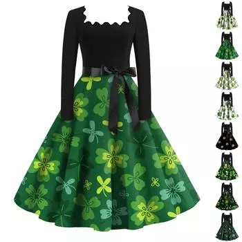 Женская повседневная модная одежда с квадратным вырезом и длинным рукавом St. Винтажные платья с принтом ко Дню Святого Патрика L