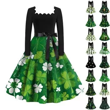 Женская повседневная модная одежда с квадратным вырезом и длинным рукавом St. Винтажные платья с принтом ко Дню Святого Патрика L
