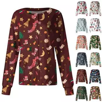 Женская повседневная модная однобортная куртка с длинным рукавом и стоячими лацканами с рождественским принтом, защитная рабочая куртка M