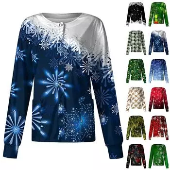 Женская повседневная модная однобортная куртка с длинным рукавом и стоячими лацканами с рождественским принтом, защитная рабочая куртка L