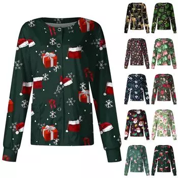 Женская повседневная модная однобортная куртка с длинным рукавом и стоячими лацканами с рождественским принтом, защитная рабочая куртка XXXXXL чёрный