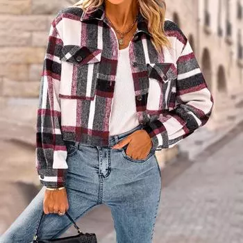 Женская повседневная модная однобортная куртка с карманом и лацканами, короткая клетчатая куртка S хаки