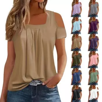 Женская повседневная модная однотонная футболка без бретелек с коротким рукавом и плиссированной футболкой