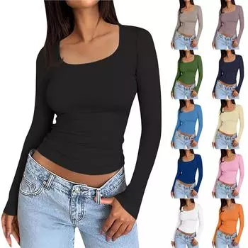 Женская повседневная модная однотонная футболка с длинным рукавом и квадратным вырезом, топ, пуловер XS