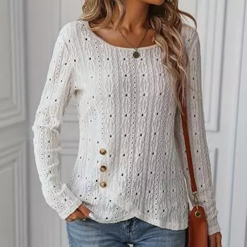 Женская повседневная модная однотонная футболка с круглым вырезом и длинными рукавами, топ L белый