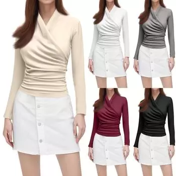 Женская повседневная модная однотонная футболка с V-образным вырезом и длинными рукавами, узкая плиссированная футболка L бежевый