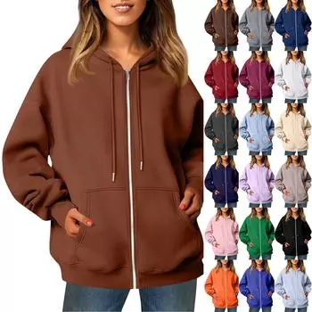 Женская повседневная модная однотонная куртка с длинными рукавами, карманом, молнией, капюшоном, затягивающимся шнурком L чёрный