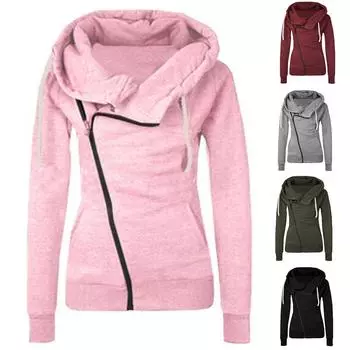 Женская повседневная модная однотонная куртка с длинными рукавами, карманом, молнией, капюшоном, затягивающимся шнурком L