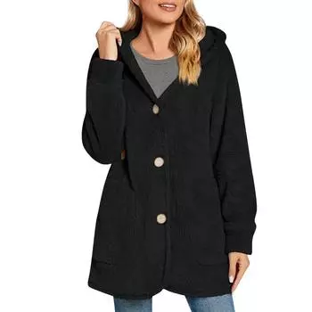 Женская повседневная модная однотонная куртка-свитшот с длинными рукавами и капюшоном на молнии L чёрный