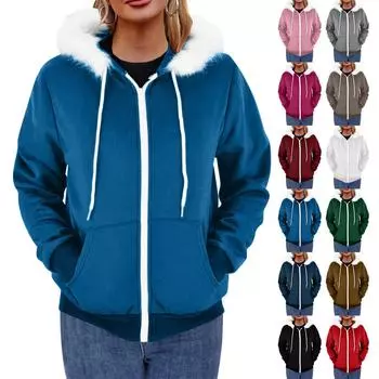 Женская повседневная модная однотонная куртка-свитшот с длинными рукавами и капюшоном на молнии L