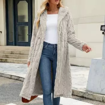 Женская повседневная модная однотонная плюшевая длинная свободная куртка с капюшоном на пуговицах L бежевый