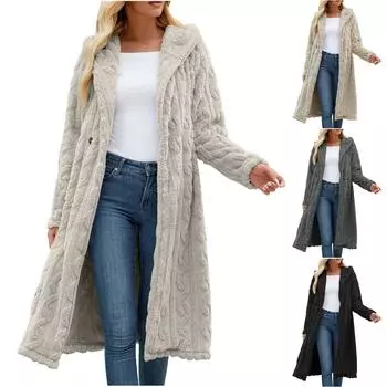 Женская повседневная модная однотонная плюшевая длинная свободная куртка с капюшоном на пуговицах L бежевый