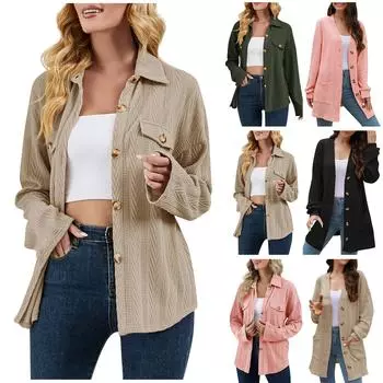 Женская повседневная модная однотонная рубашка с лацканами, однобортное свободное пальто XXL хаки