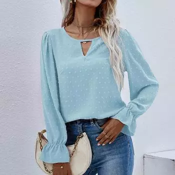 Женская повседневная модная однотонная шифоновая рубашка с длинными рукавами и оборками M синий