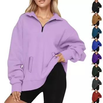 Женская повседневная модная однотонная толстовка с длинным рукавом на молнии с 2 карманами L чёрный