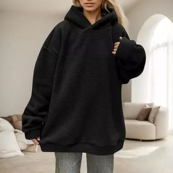 Женская повседневная модная однотонная толстовка с длинными рукавами и капюшоном L чёрный