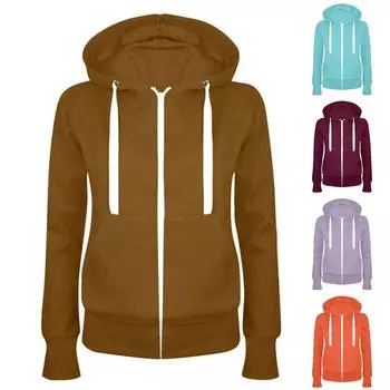 Женская повседневная модная однотонная толстовка с длинными рукавами и капюшоном, карманом на молнии L циан